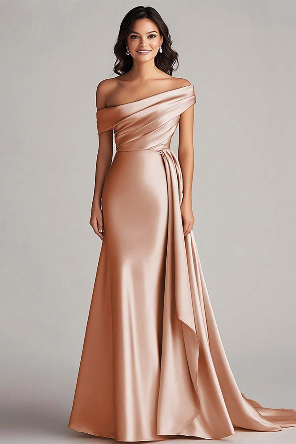 Champagne Satin Sheath Off the Shoulder Formal Dress with Side Cape