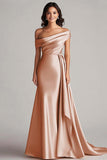Champagne Satin Sheath Off the Shoulder Formal Dress with Side Cape