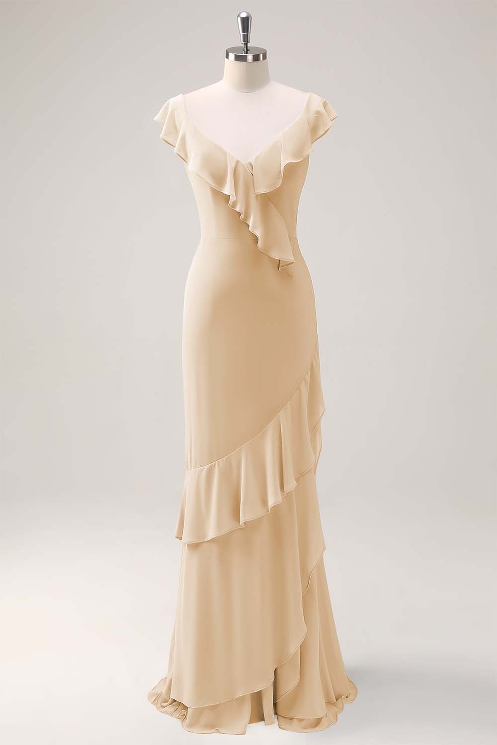 Blush Pink Mermaid V-Neck Chiffon Maxi Bridesmaid Dress with Ruffles