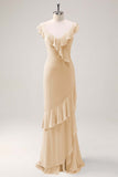 Blush Pink Mermaid V-Neck Chiffon Maxi Bridesmaid Dress with Ruffles