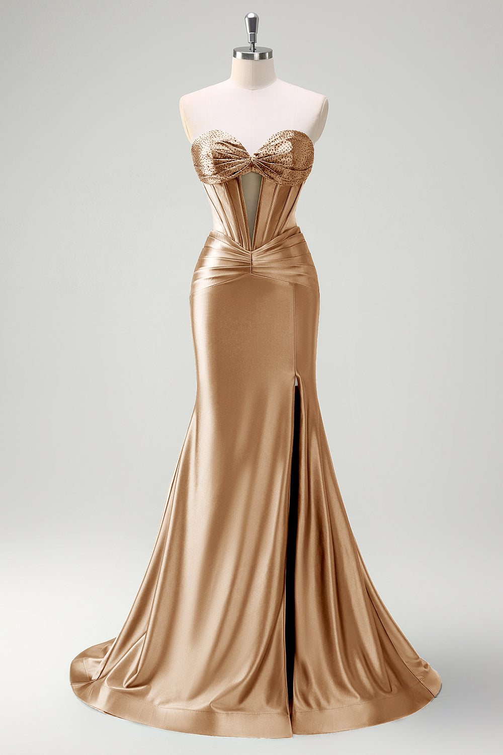 Dark Green Corset Keyhole Beaded Satin Mermaid Prom Dress with Slit