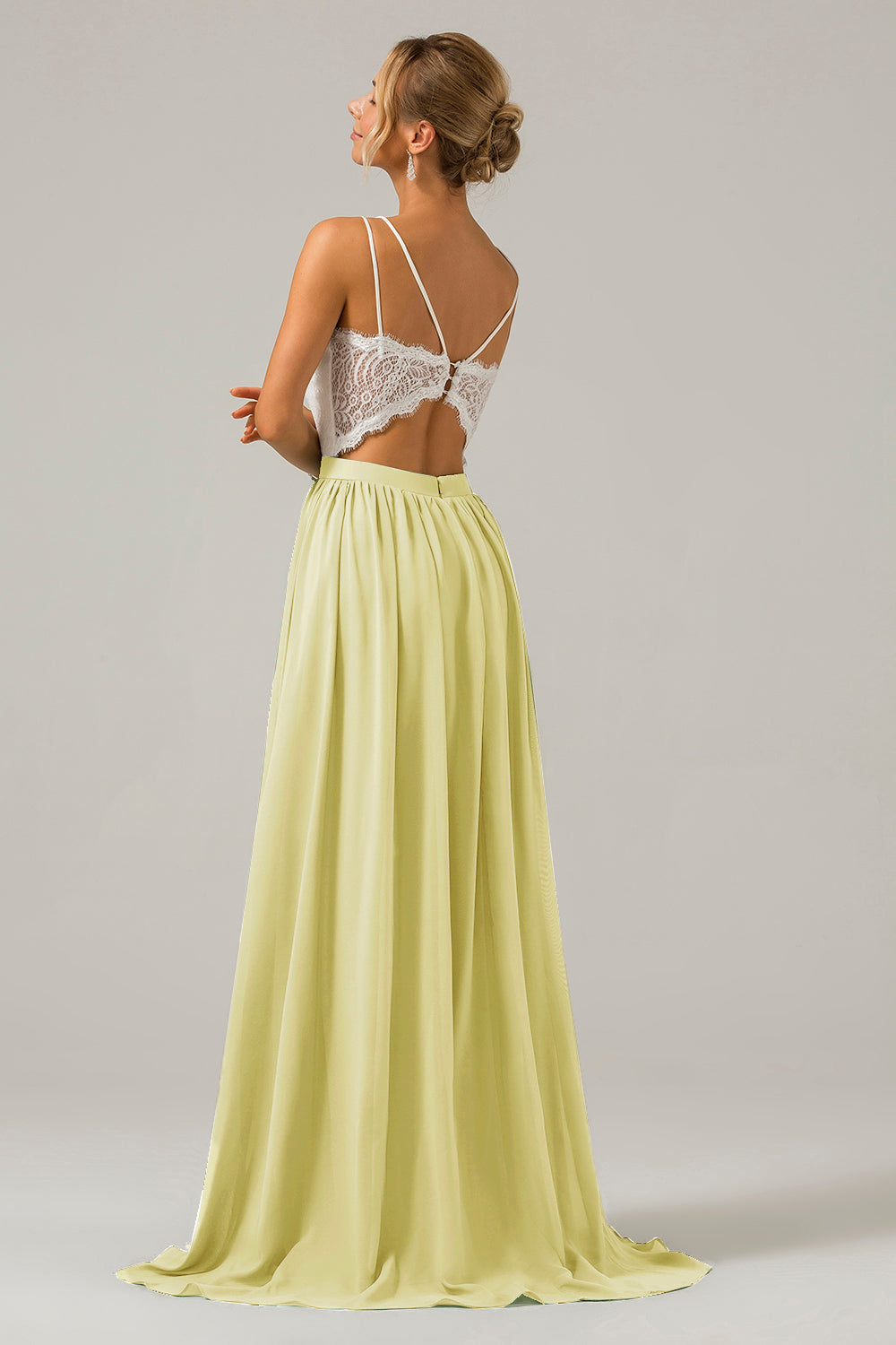 Eucalyptus A-Line Spaghetti Straps Pleated Long Bridesmaid Dress With Lace