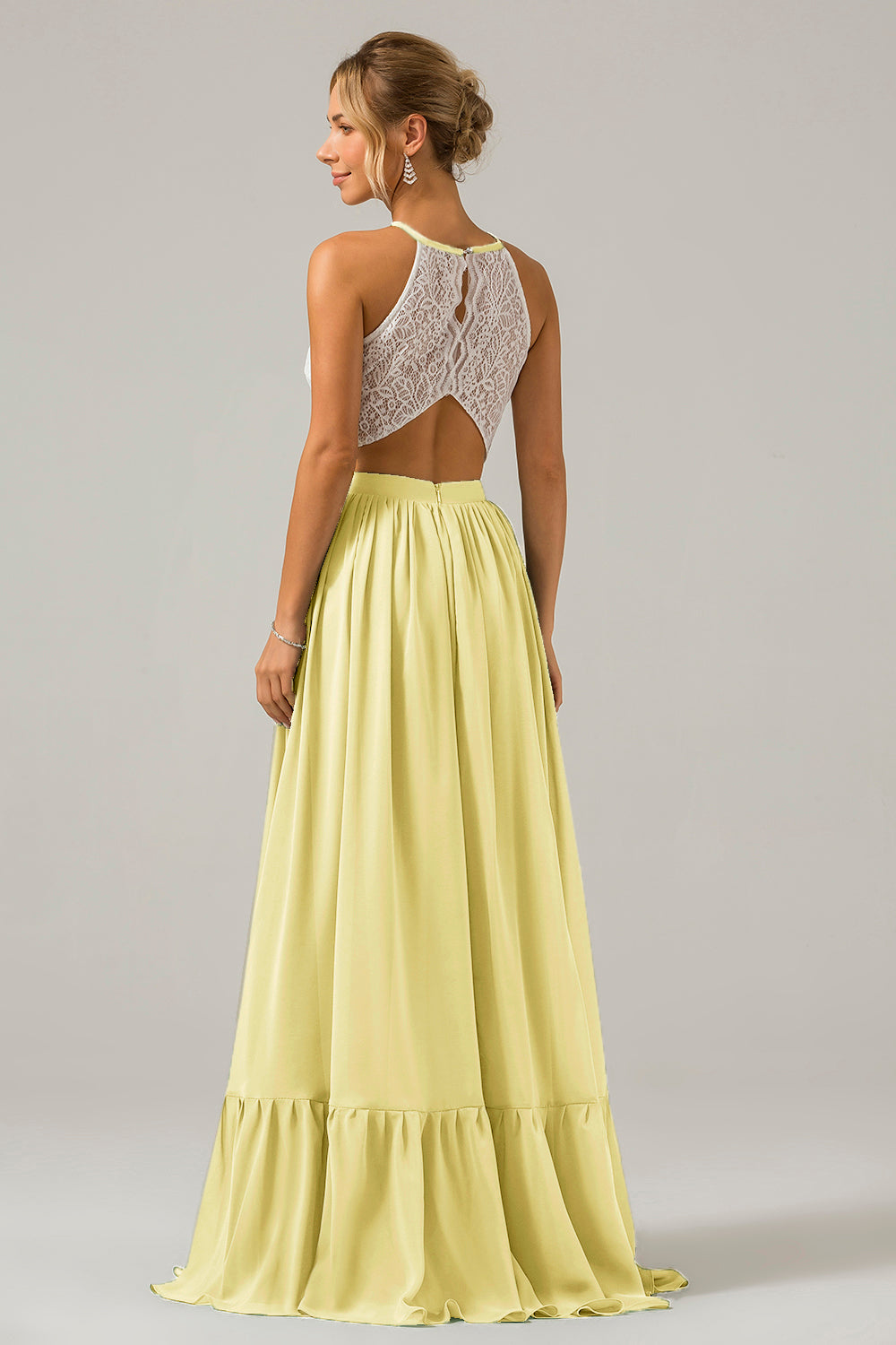 Eucalyptus A-Line Halter Pleated Keyhole Chiffon Bridesmaid Dress With Lace