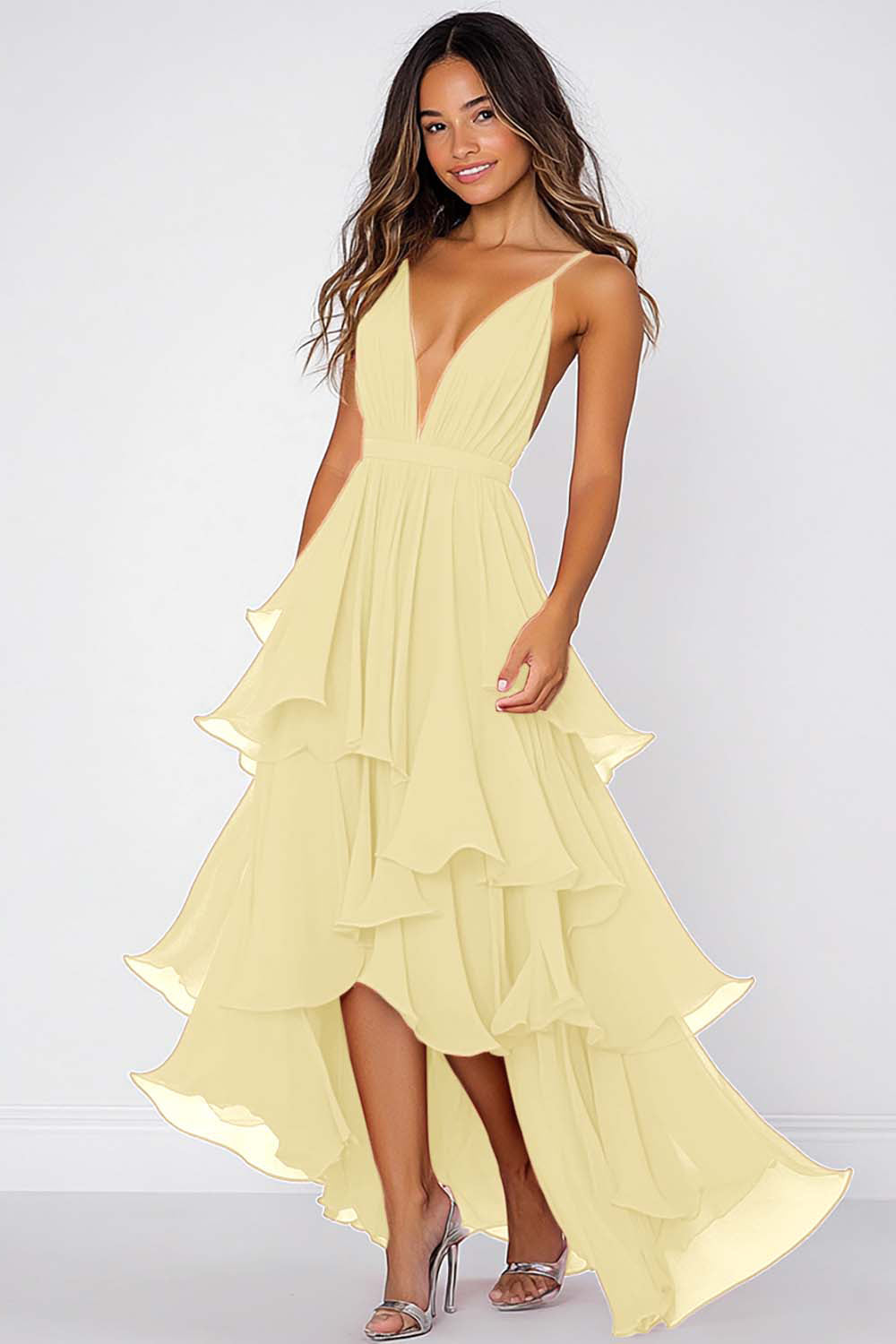 Red V-Neck A Line Long Chiffon Formal Dress with Ruffles