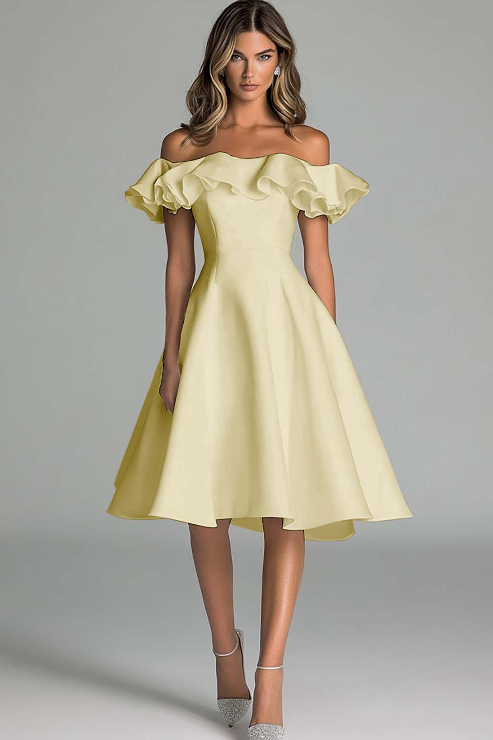 White A Line Satin Off the Shoulder Midi Graduation Dress with Ruffles