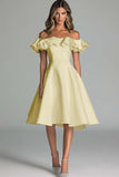 White A Line Satin Off the Shoulder Midi Graduation Dress with Ruffles