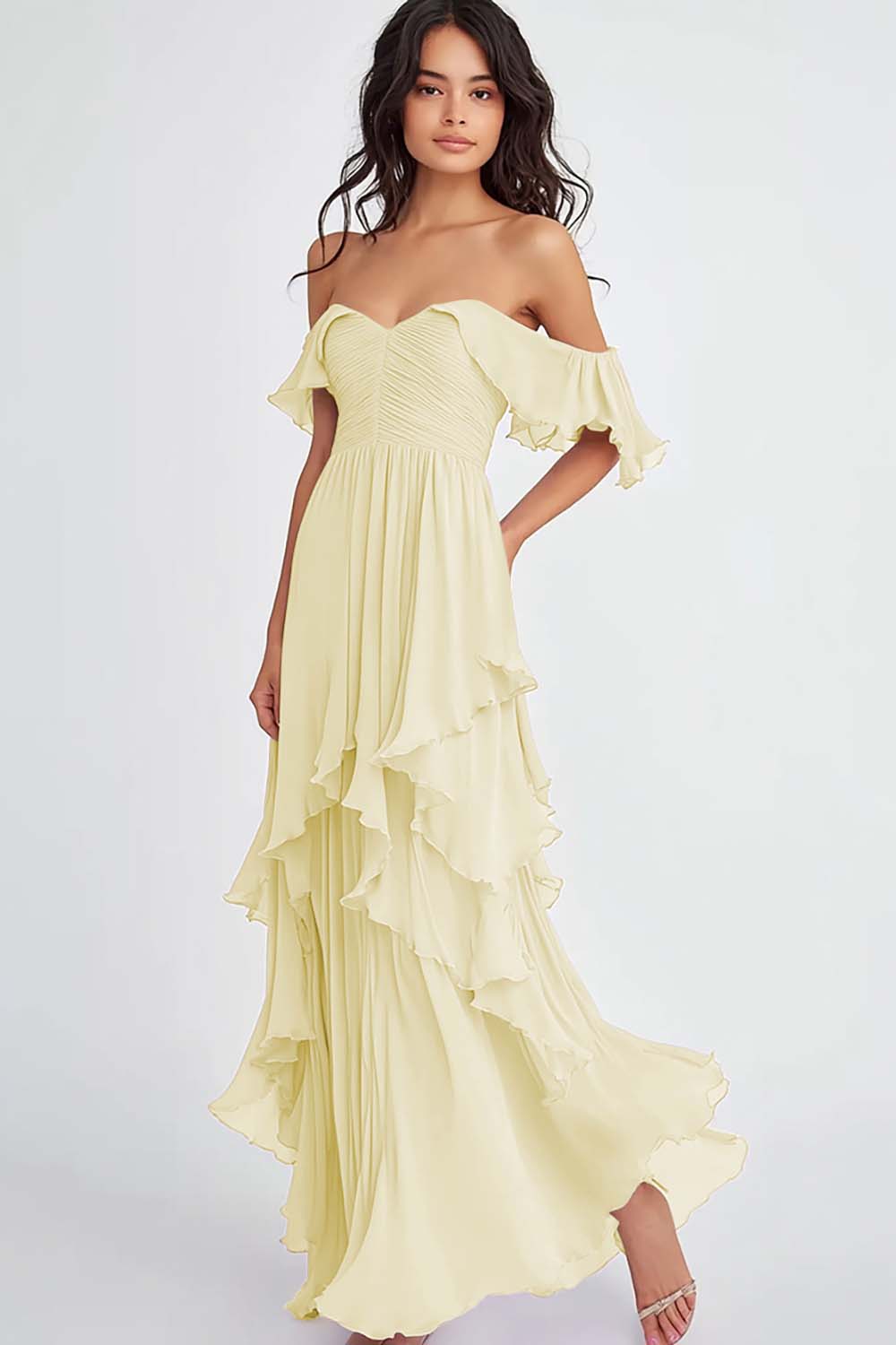 Lilac Off the Shoulder Ruffled Flowy A Line Maxi Formal Dress