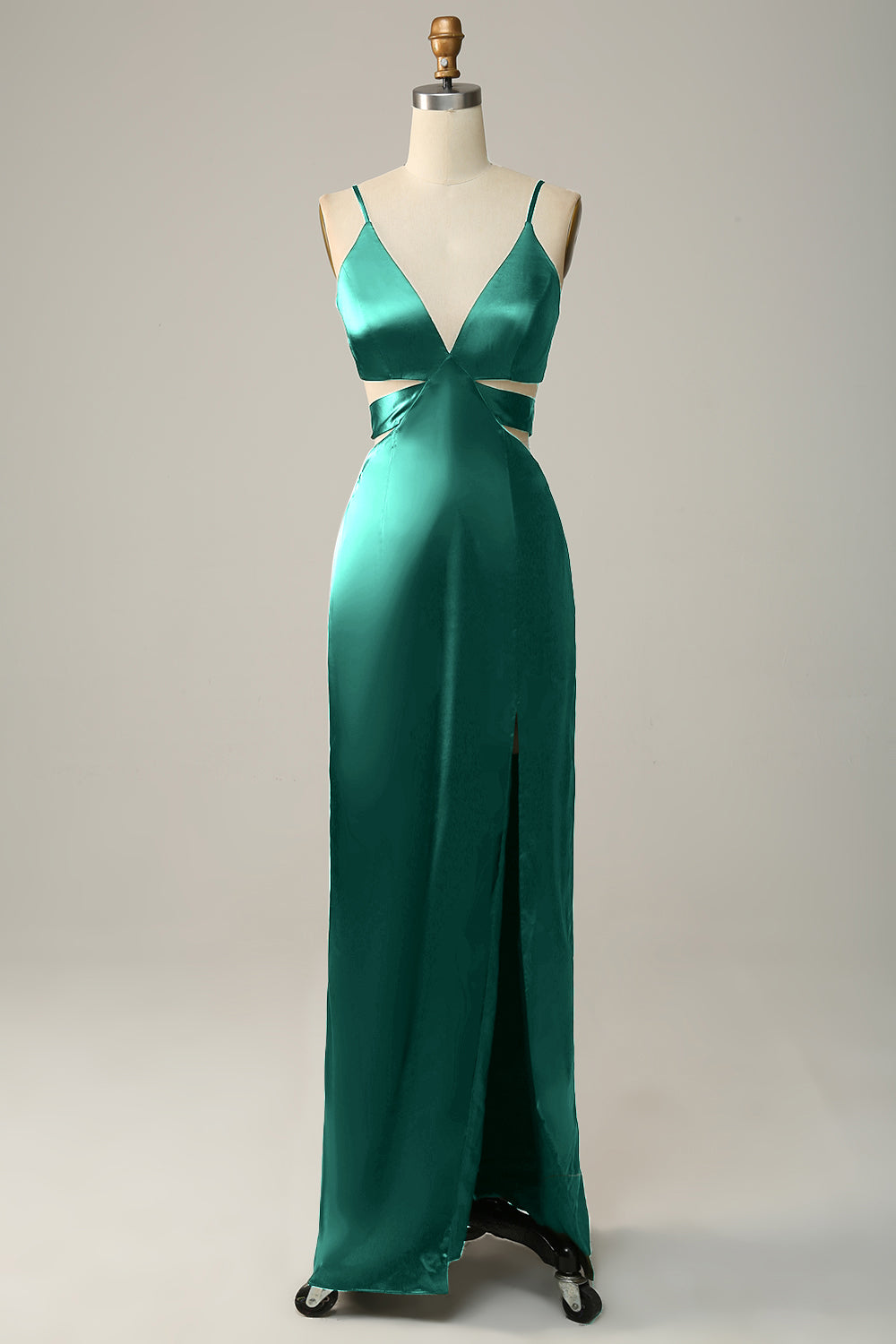 Dark Green Spaghetti Straps Cut Out Long Bridesmaid Dress with Slit