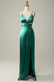 Dark Green Spaghetti Straps Cut Out Long Bridesmaid Dress with Slit