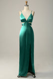 Dark Green Spaghetti Straps Cut Out Long Bridesmaid Dress with Slit