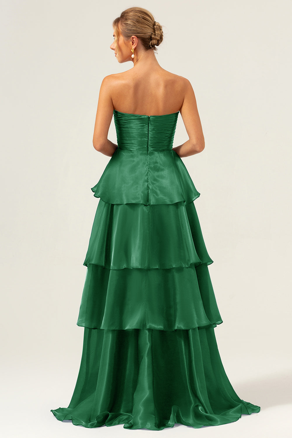 Dark Green Tiered A Line Pleated Strapless Satin Bridesmaid Dress