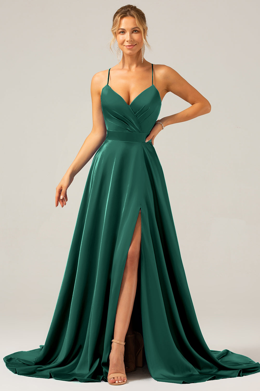 A Line Satin Royal Blue Spaghetti Straps Prom Dress with Slit