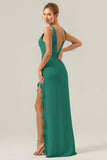 Terracotta V Neck Ruffled Sheath Flower Bridesmaid Dress with Slit