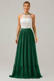 Cabernet A-Line Halter Pleated Keyhole Chiffon Bridesmaid Dress With Lace