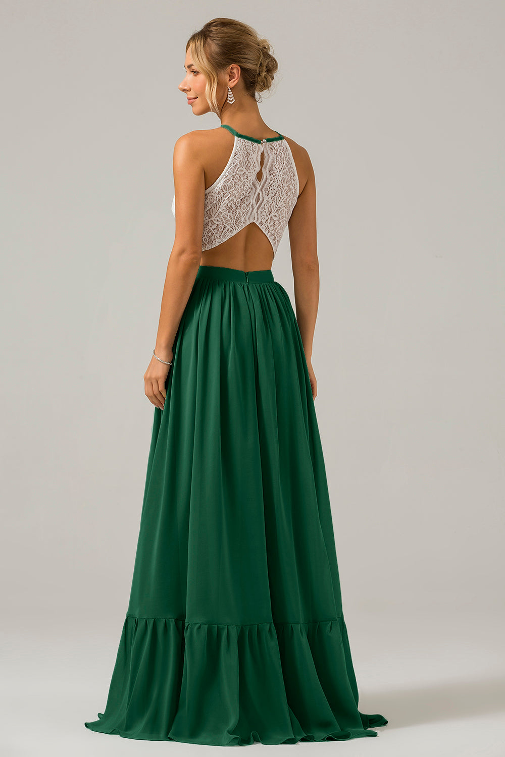 Cabernet A-Line Halter Pleated Keyhole Chiffon Bridesmaid Dress With Lace