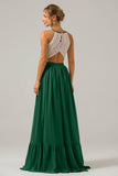 Cabernet A-Line Halter Pleated Keyhole Chiffon Bridesmaid Dress With Lace