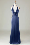 Mermaid Halter Dark Green Front Twist Maxi Bridesmaid Dress