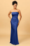 Dark Navy Satin Mermaid Strapless Bridesmaid Dress