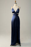 Dark Green Spaghetti Straps Cut Out Long Bridesmaid Dress with Slit