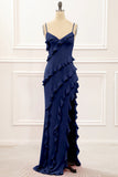 Cabernet Sheath Spaghetti Straps Long Bridesmaid Dress with Ruffles