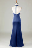 Mermaid Halter Dark Green Front Twist Maxi Bridesmaid Dress