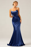 Grey Blue Mermaid Satin Spaghetti Straps Long Bridesmaid Dress