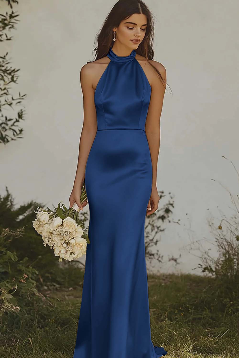 Elegant Dusty Rose Halter Sheath Maxi Satin Bridesmaid Dress