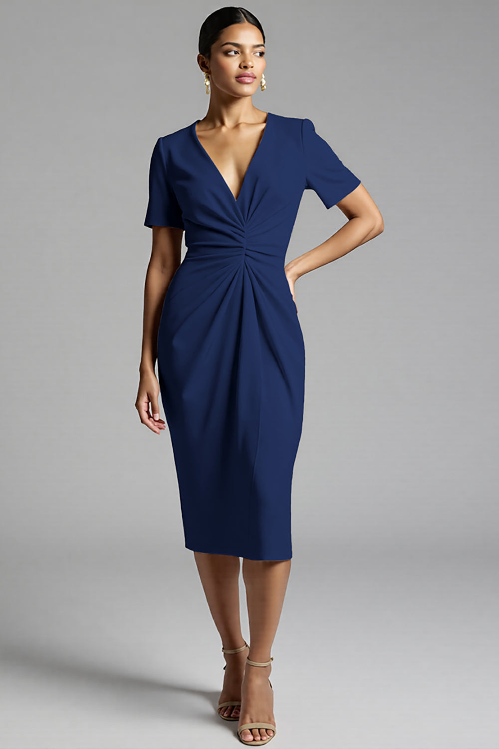 Tahiti V-Neck Bodycon Midi Satin Work Dress with Sleeves