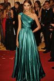 One Shoulder Golden Metallic Pleated A-Line Formal Dress