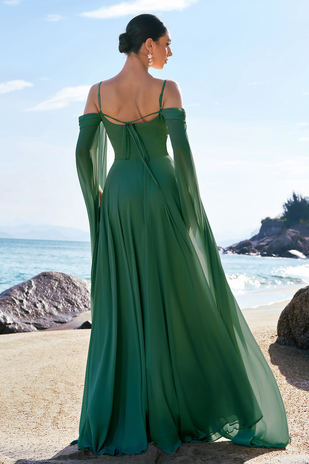 Light Green Chiffon Cold Shoulder Watteau Train Bridesmaid Dress