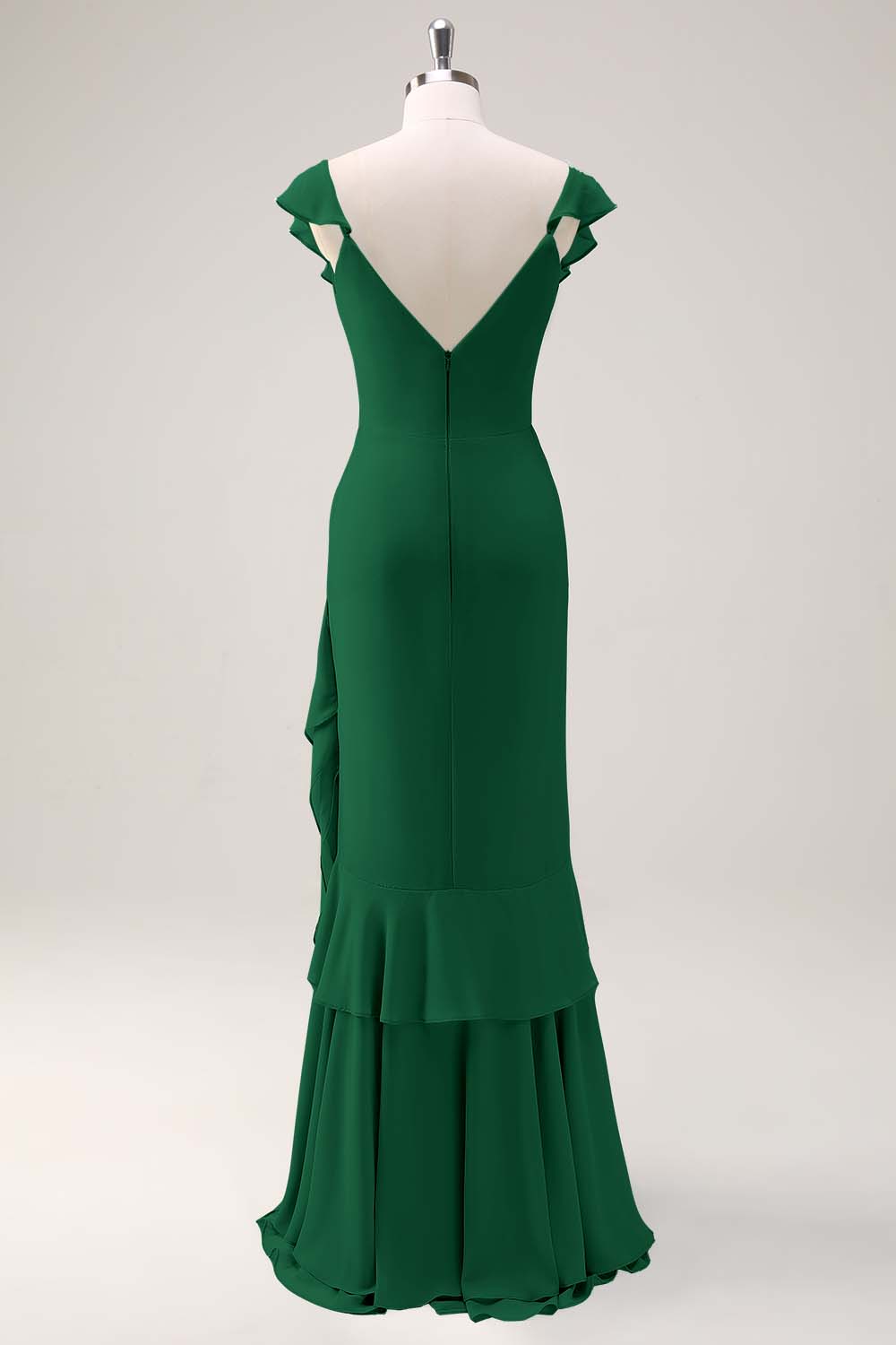 Dusty Sage V-Neck Mermaid Chiffon Bridesmaid Dress with Ruffles