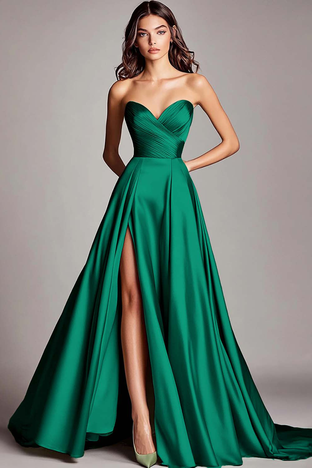 A Line Dusty Sage Sweetheart Strapless Maxi Prom Dress with Slit