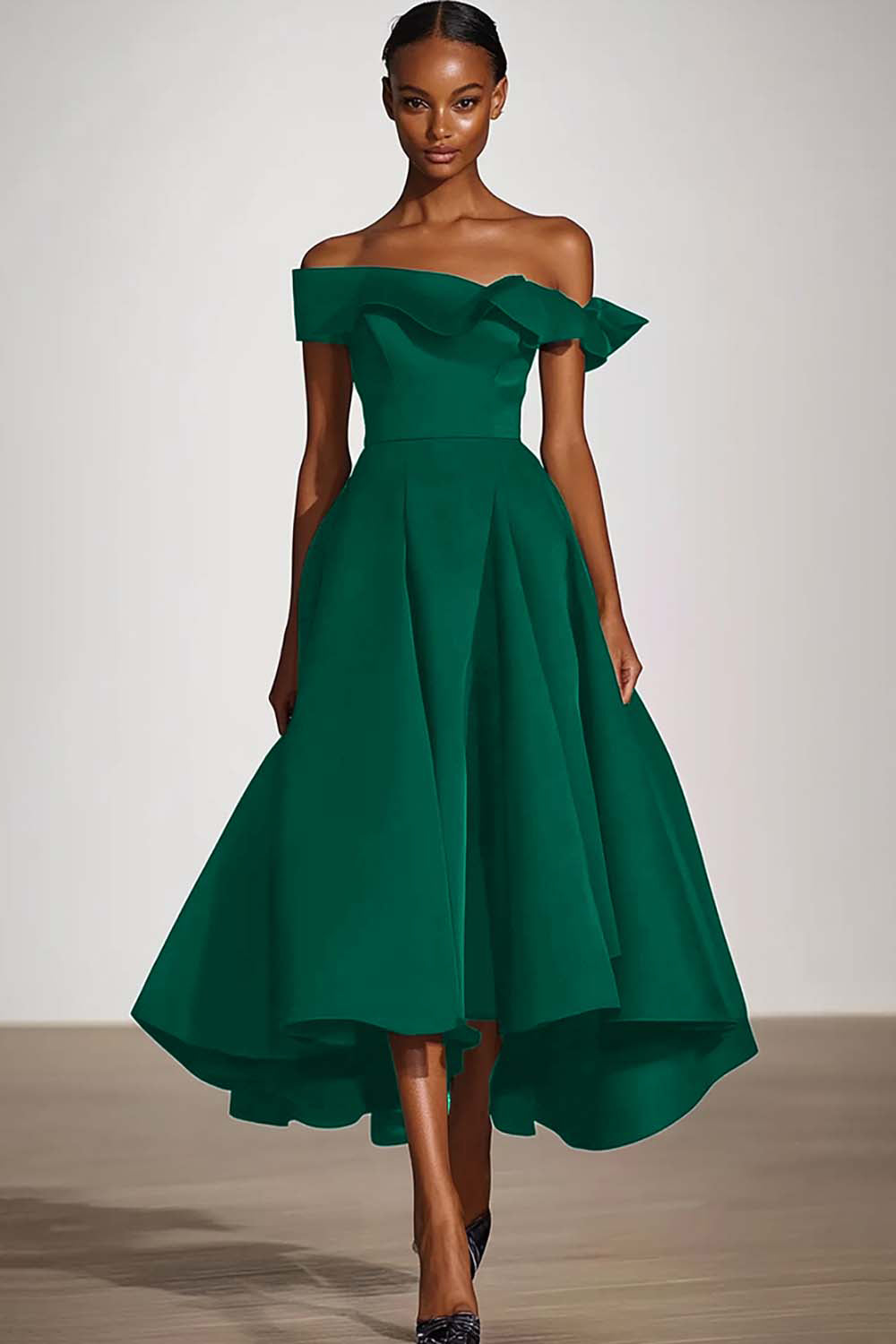 Black Off the Shoulder A Line Ruffled Tea-Length Formal Dress