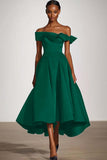 Black Off the Shoulder A Line Ruffled Tea-Length Formal Dress