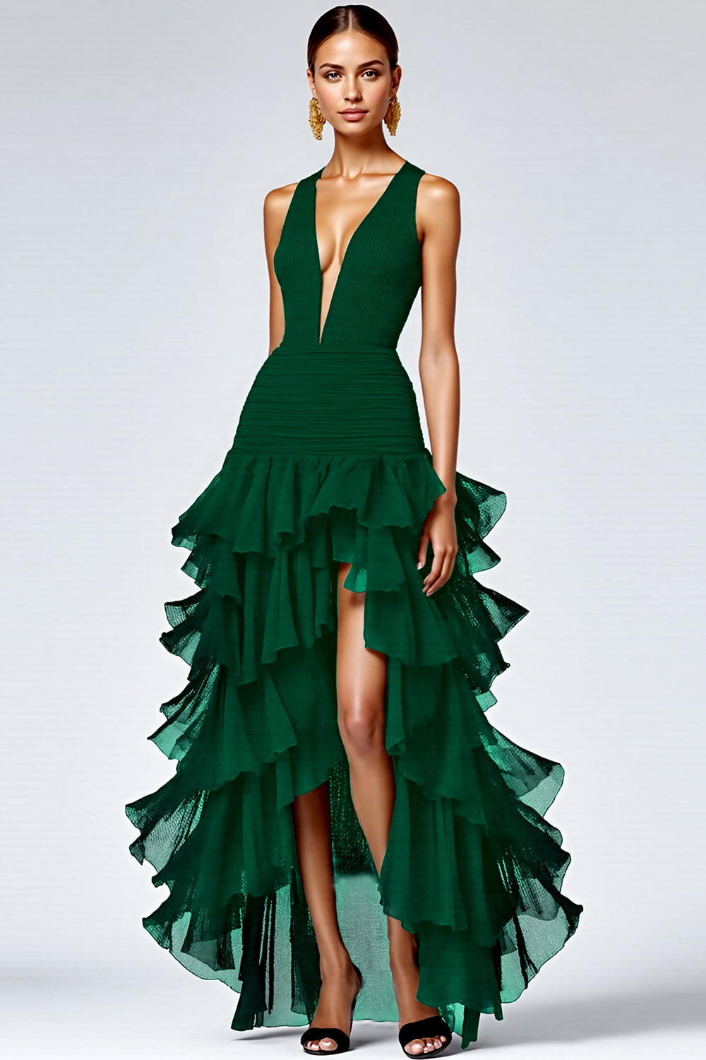 Black A Line Deep V-Neck Ruffled Long Formal Dress with Slit