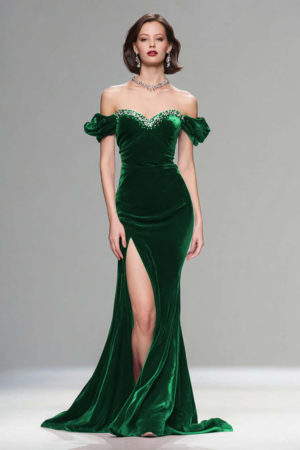 Burgundy Velvet Mermaid Long Holiday Party Dress with Beading