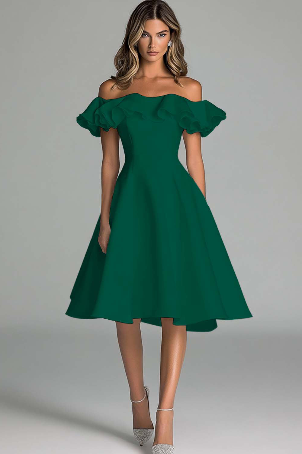 White A Line Satin Off the Shoulder Midi Graduation Dress with Ruffles