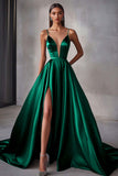 Navy A Line Satin V-Neck Spaghetti Straps Maxi Prom Dress with Slit