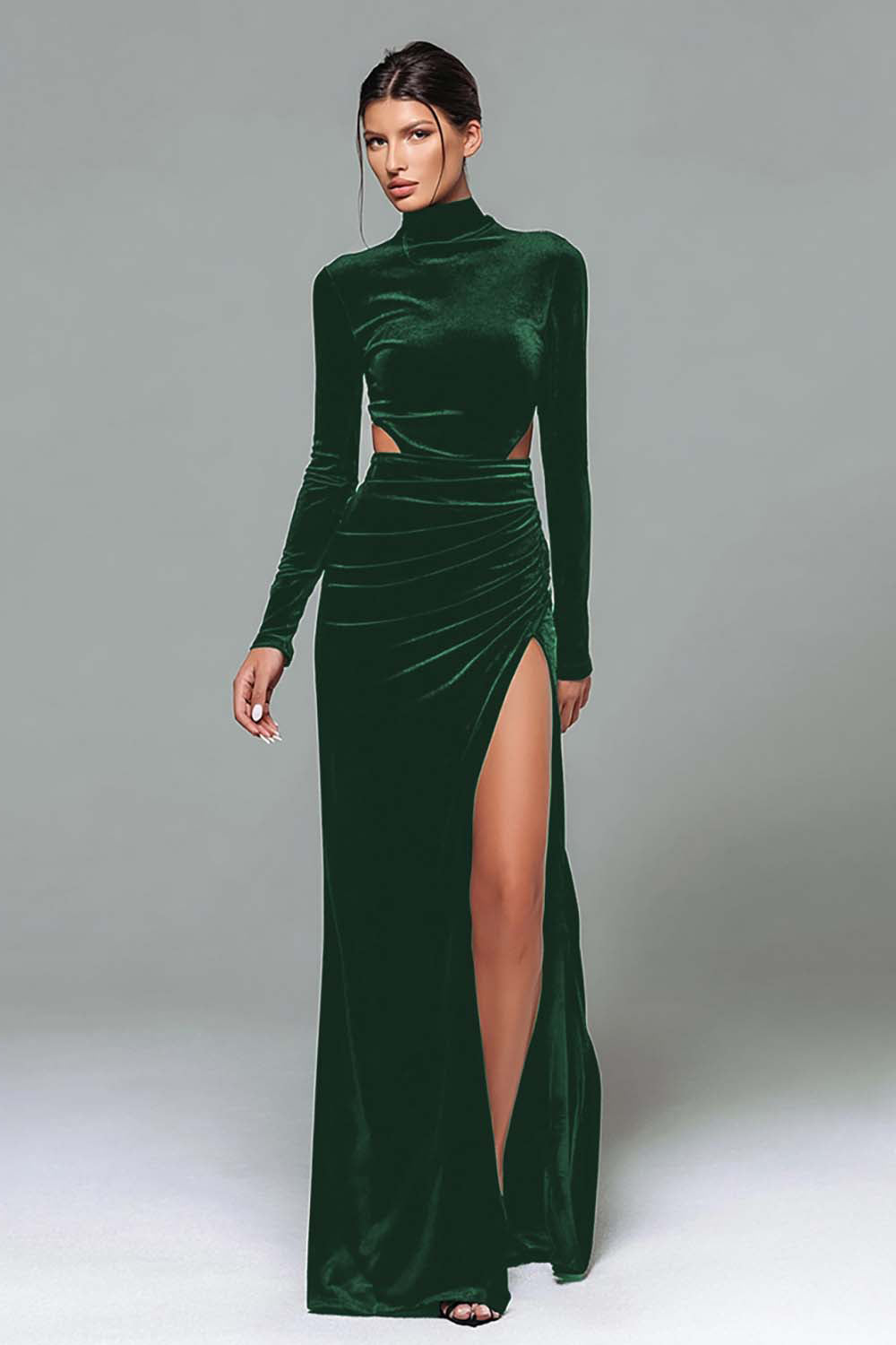 Burgundy Velvet Sheath High Neck Cut Out Long Holiday Party Dress with Slit
