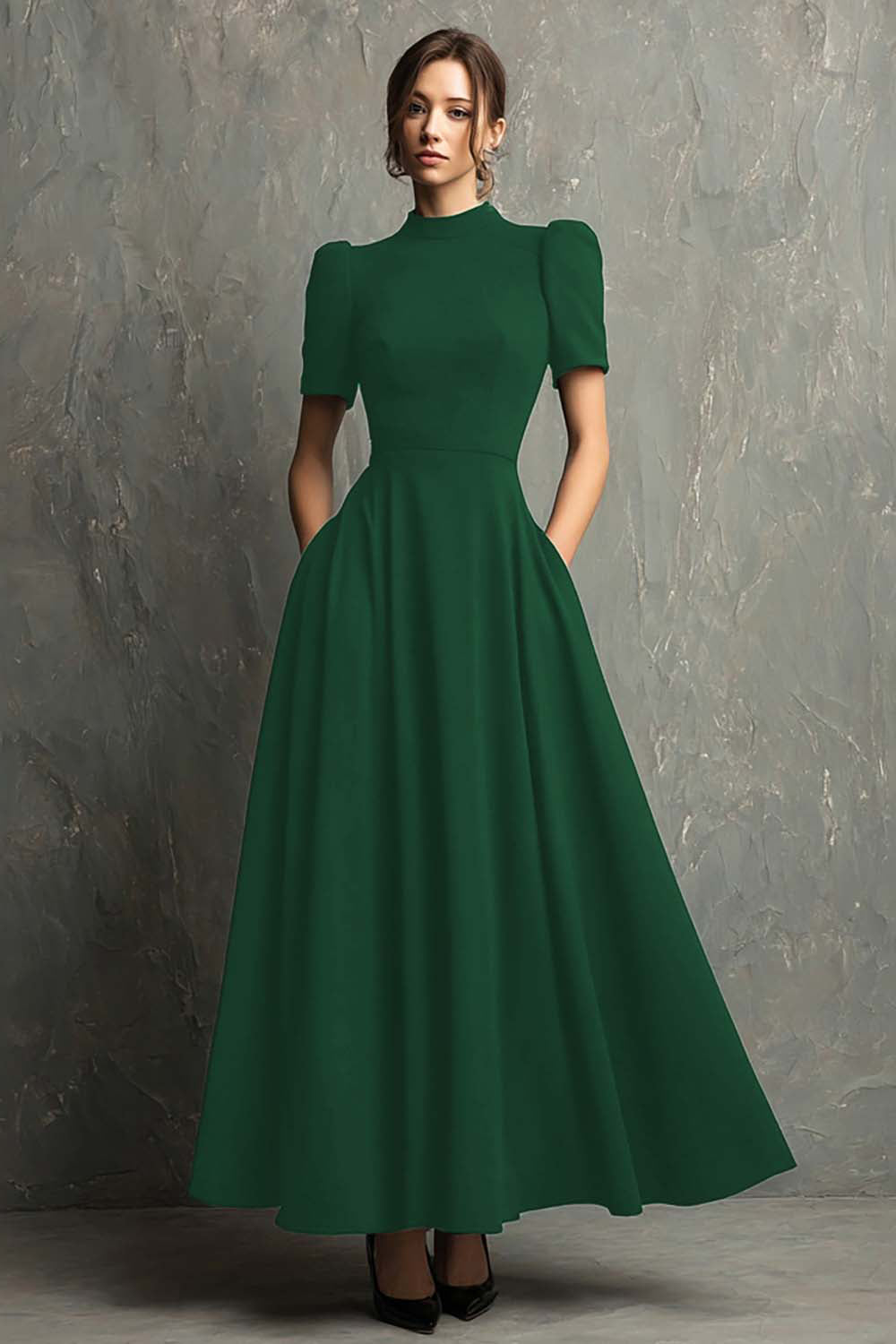 Black Short Sleeves High Neck A-Line Long Formal Dress with Pockets