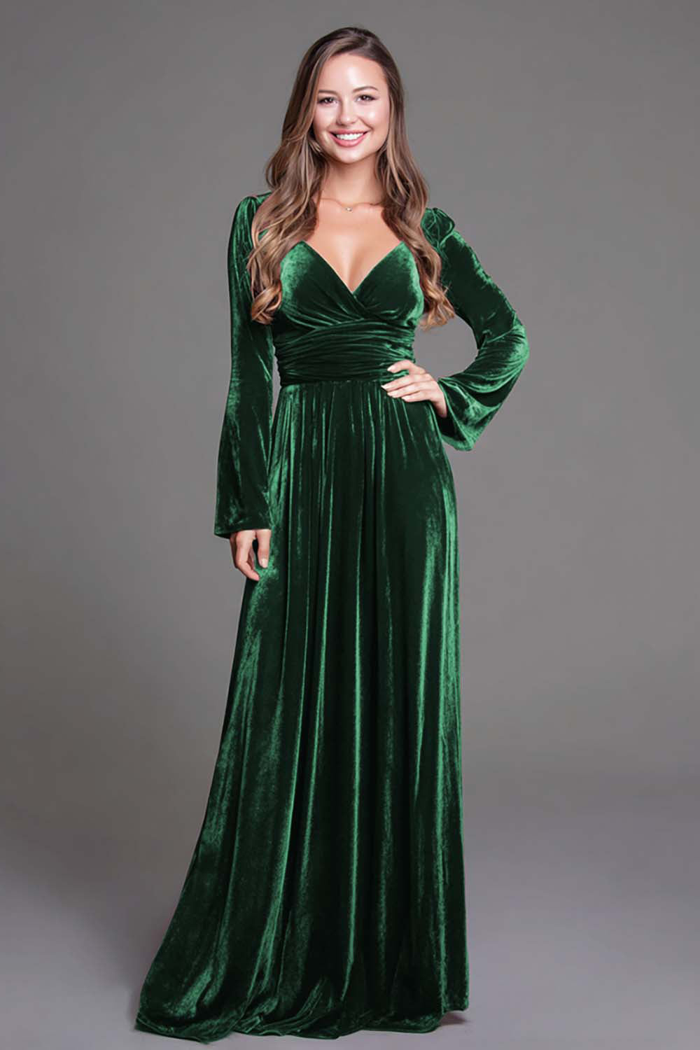 Dark Green Velvet A Line V-Neck Long Holiday Party Dress with Sleeves