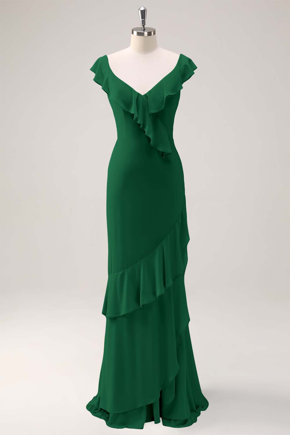 Dusty Sage V-Neck Mermaid Chiffon Bridesmaid Dress with Ruffles