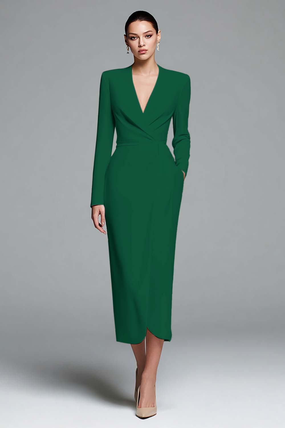 Leely Women Simple Dark Green Sheath Satin Work Dress V-Neck Long Sleeves Wrap Business Dress