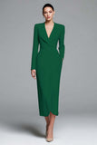 Leely Women Simple Dark Green Sheath Satin Work Dress V-Neck Long Sleeves Wrap Business Dress