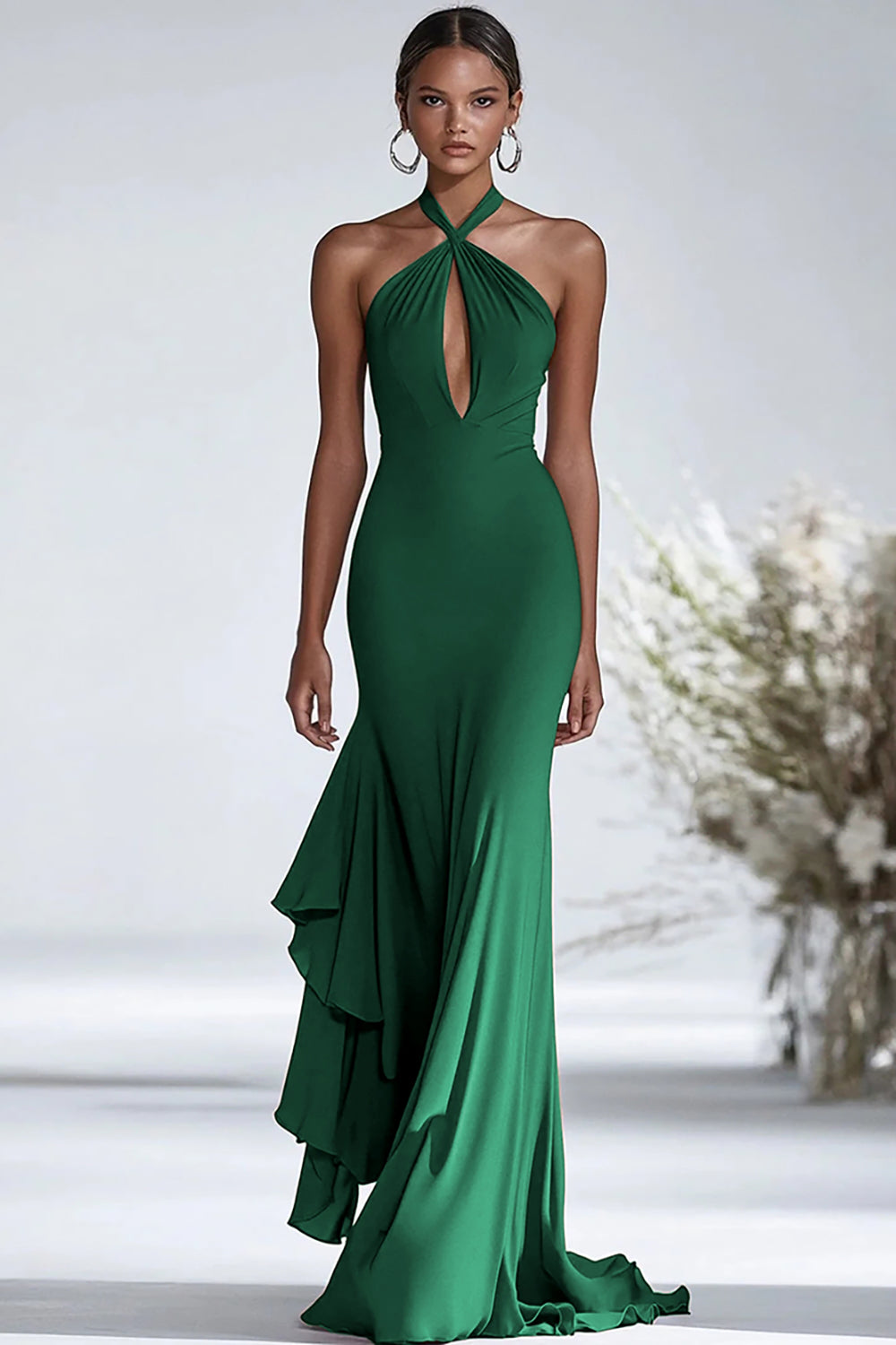 Terracotta Sheath Halter Chiffon Keyhole Long Formal Dress with Ruffles