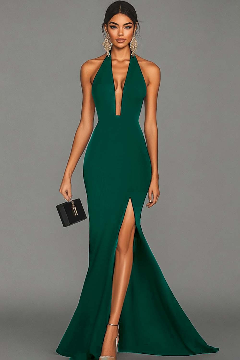 Dark Green Satin V-Neck Mermaid Long Formal Dress with Slit