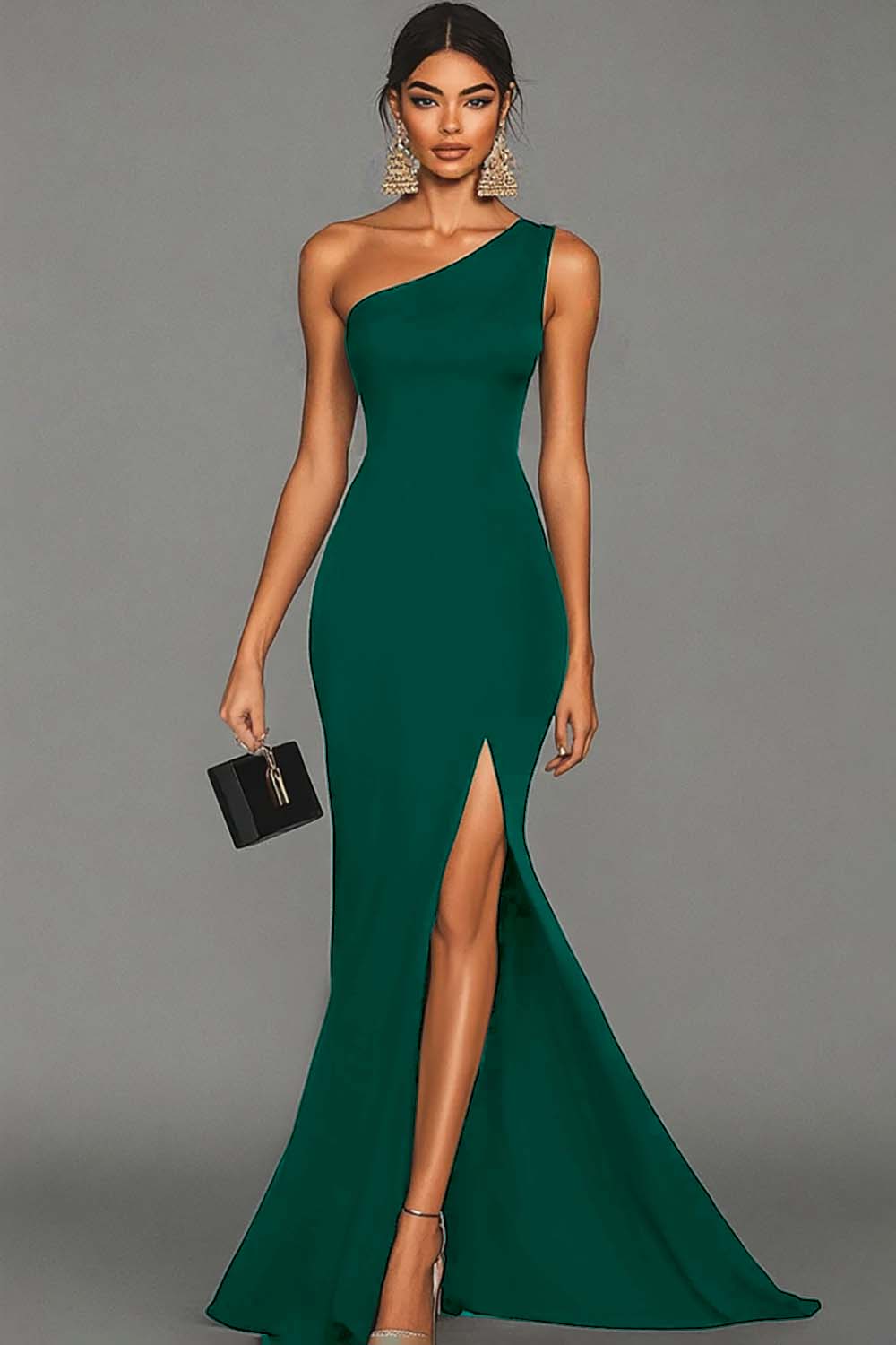 Simple Dark Green One Shoulder Mermaid Long Formal Dress with Slit