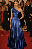 One Shoulder Golden Metallic Pleated A-Line Formal Dress