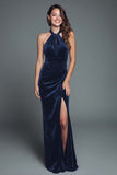 Dark Green Velvet Halter Mermaid Long Holiday Party Dress with Slit