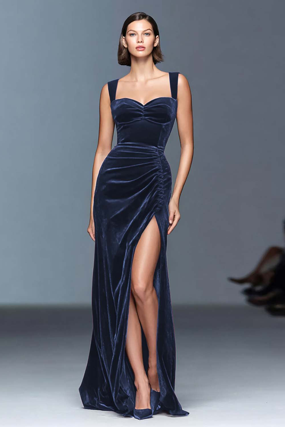 Dark Green Velvet Ruched Sheath Long Holiday Party Dress with Slit